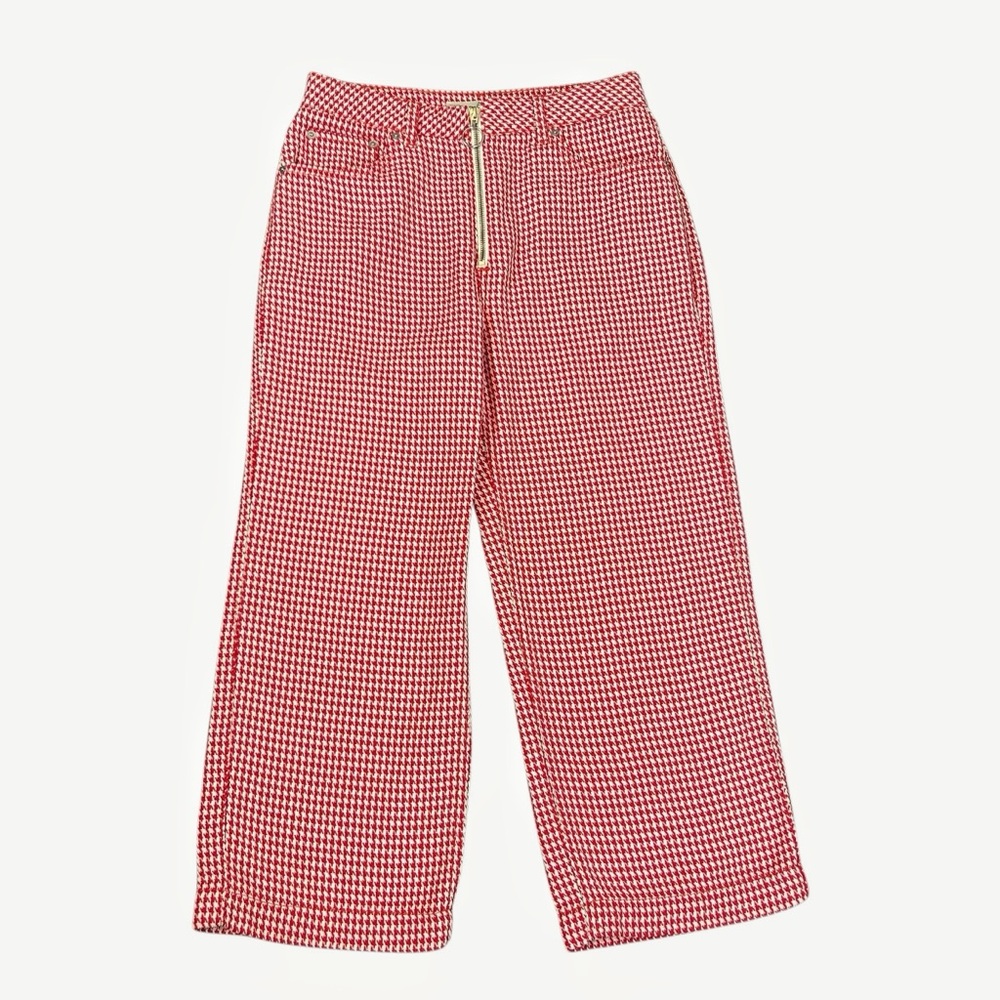 Topshop Red & White Houndstooth Cropped Wide-Leg Pants